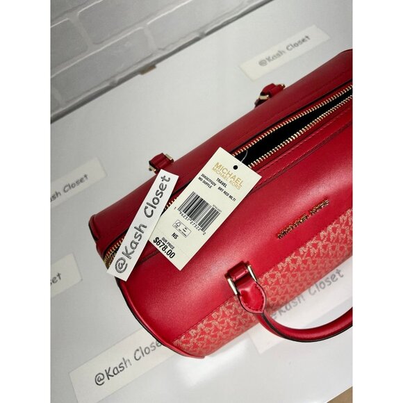 Michael Kors duffle bag satchel jet set travel purse MK signature bright red mlt - Picture 6 of 8